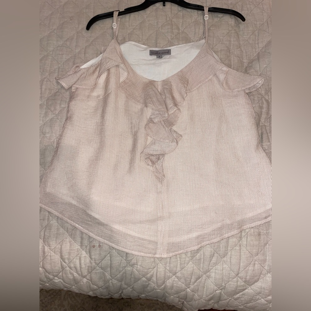 Tan and white stripe ruffle tank